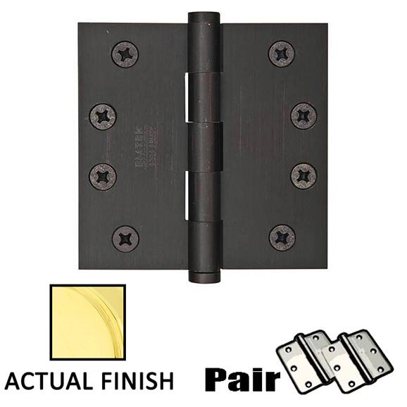 4" X 4" Square Solid Brass Heavy Duty Hinge in Unlacquered Brass (Sold In Pairs)