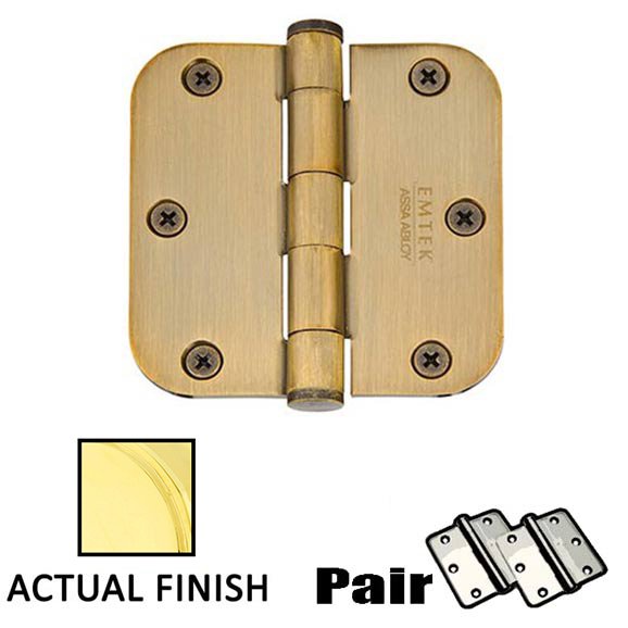 3-1/2" X 3-1/2" 5/8" Radius Solid Brass Heavy Duty Hinge in Unlacquered Brass (Sold In Pairs)
