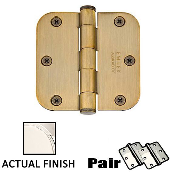 3-1/2" X 3-1/2" 5/8" Radius Solid Brass Heavy Duty Hinge in Polished Nickel (Sold In Pairs)