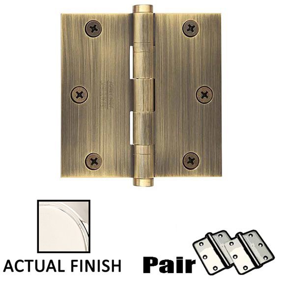 3-1/2" X 3-1/2" Square Solid Brass Heavy Duty Ball Bearing Hinge in Polished Nickel (Sold In Pairs)