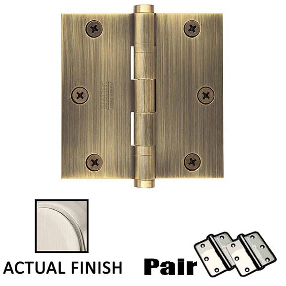 3-1/2" X 3-1/2" Square Solid Brass Heavy Duty Ball Bearing Hinge in Satin Nickel (Sold In Pairs)