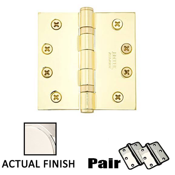 4" X 4" Square Solid Brass Heavy Duty Ball Bearing Hinge in Polished Nickel (Sold In Pairs)