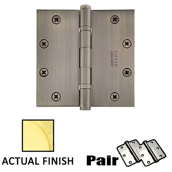 5 X 5 Square Solid Brass Heavy Duty Ball Bearing Hinge in Unlacquered Brass (Sold In Pairs)
