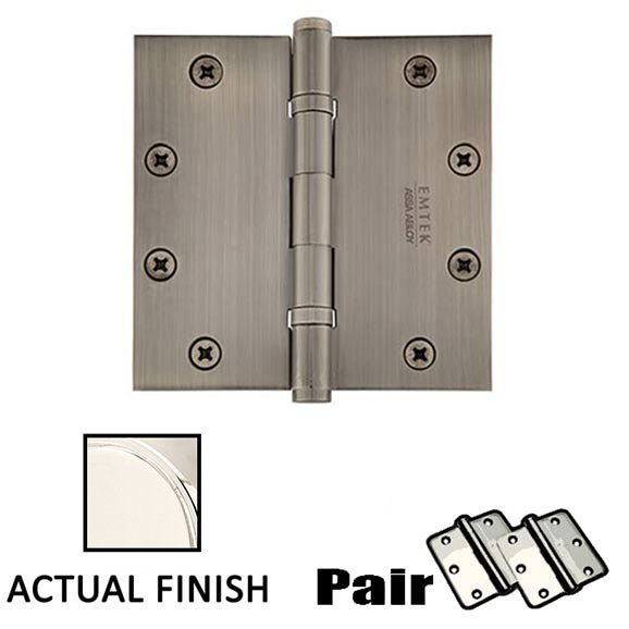 5 X 5 Square Solid Brass Heavy Duty Ball Bearing Hinge in Polished Nickel (Sold In Pairs)