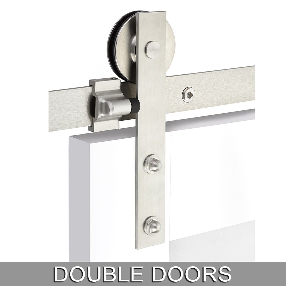 Modern Rectangular Face Mount 10' Track with Solid Wheel & Classic Fastener for Double Doors in Brushed Stainless Steel
