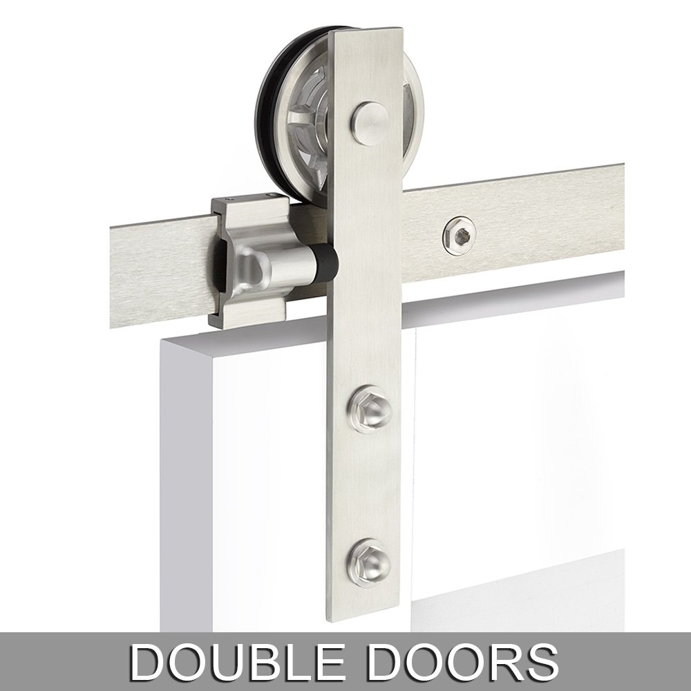 Modern Rectangular Face Mount 10' Track with Spoked Wheel & Classic Fastener for Double Doors in Brushed Stainless Steel