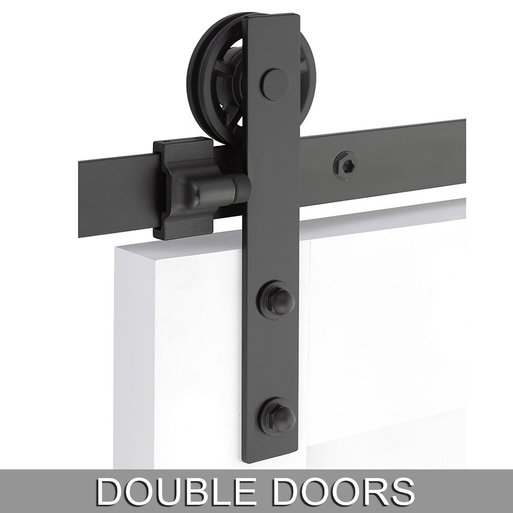 Modern Rectangular Face Mount 10' Track with Spoked Wheel & Classic Fastener for Double Doors in Flat Black
