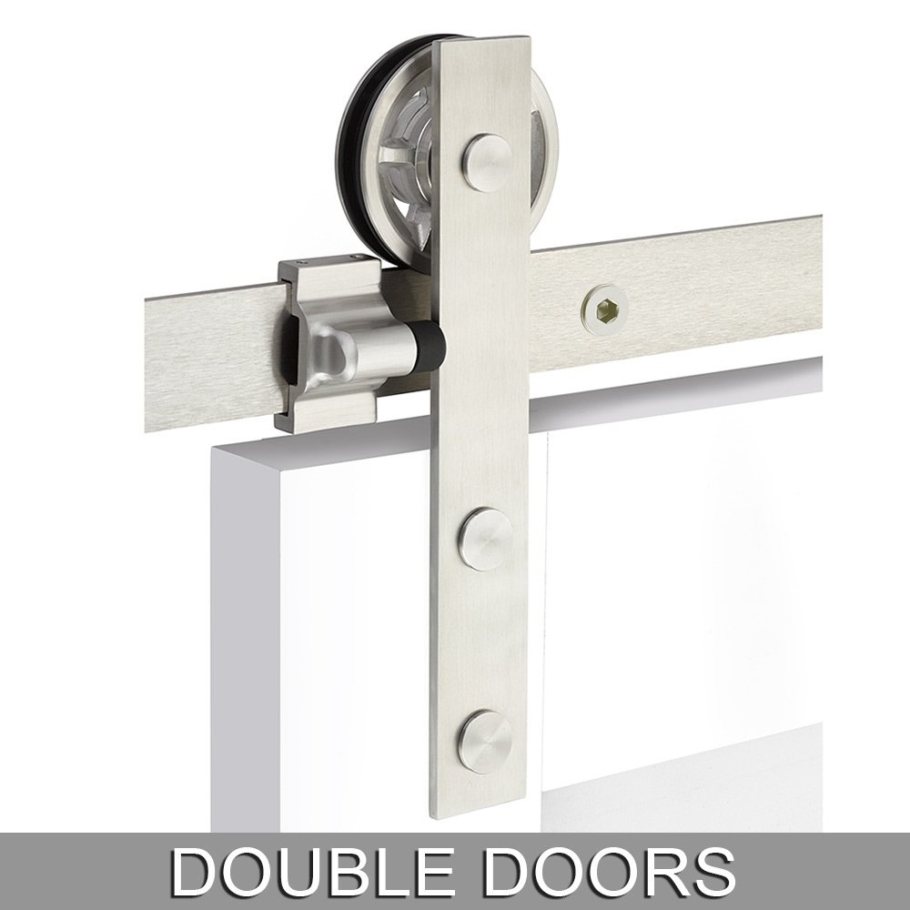 Modern Rectangular Face Mount 10' Track with Spoked Wheel & Flat Fastener for Double Doors in Brushed Stainless Steel