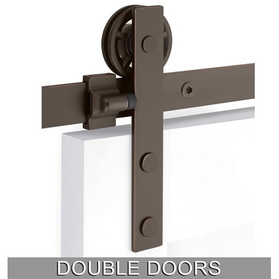 Modern Rectangular Face Mount 10' Track with Spoked Wheel & Flat Fastener for Double Doors in Oil Rubbed Bronze