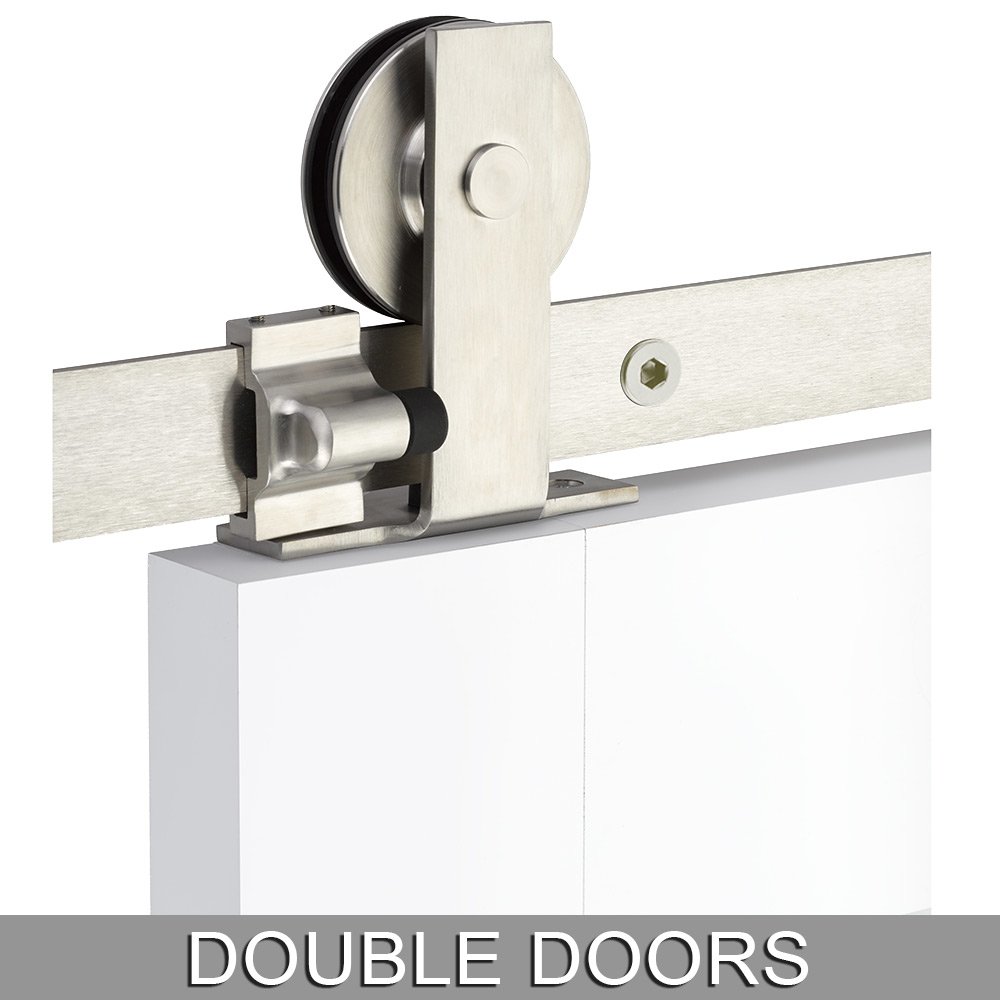 Modern Rectangular Top Mount 10' Track with Solid Wheel & Flat Fastener for Double Doors in Brushed Stainless Steel