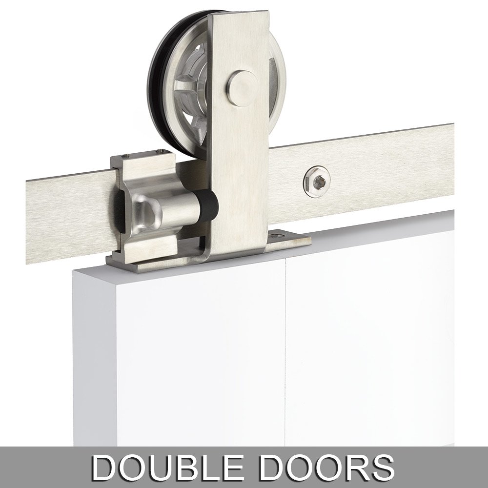 Modern Rectangular Top Mount 10' Track with Spoked Wheel & Classic Fastener for Double Doors in Brushed Stainless Steel
