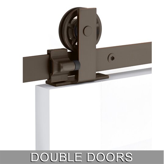 Modern Rectangular Top Mount 10' Track with Spoked Wheel & Flat Fastener for Double Doors in Oil Rubbed Bronze