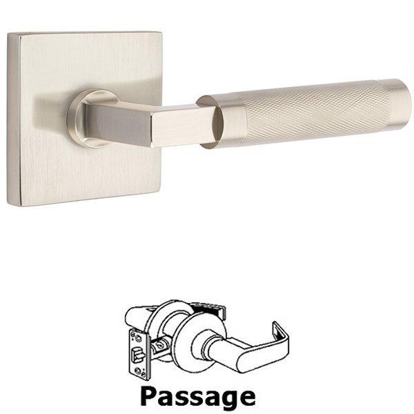 Passage Knurled Lever with L-Square Stem and Concealed Screws Square Rose in Satin Nickel