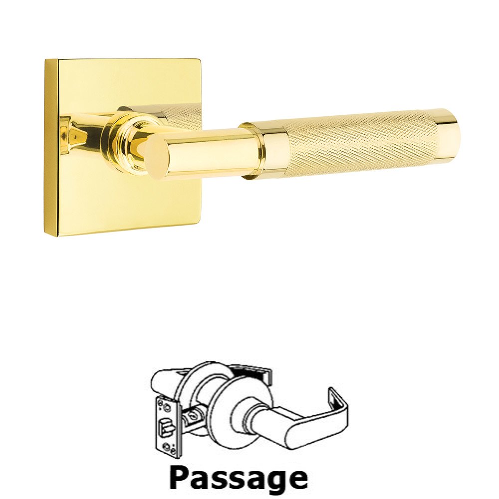 Passage Knurled Lever with T-Bar Stem and Concealed Screws Square Rose in Unlacquered Brass