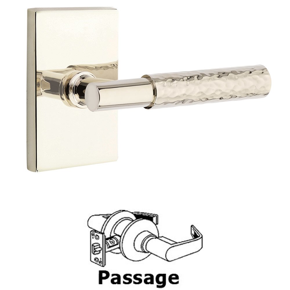 Passage Hammered Lever with T-Bar Stem and Concealed Screws Modern Rectangular Rose in Polished Nickel