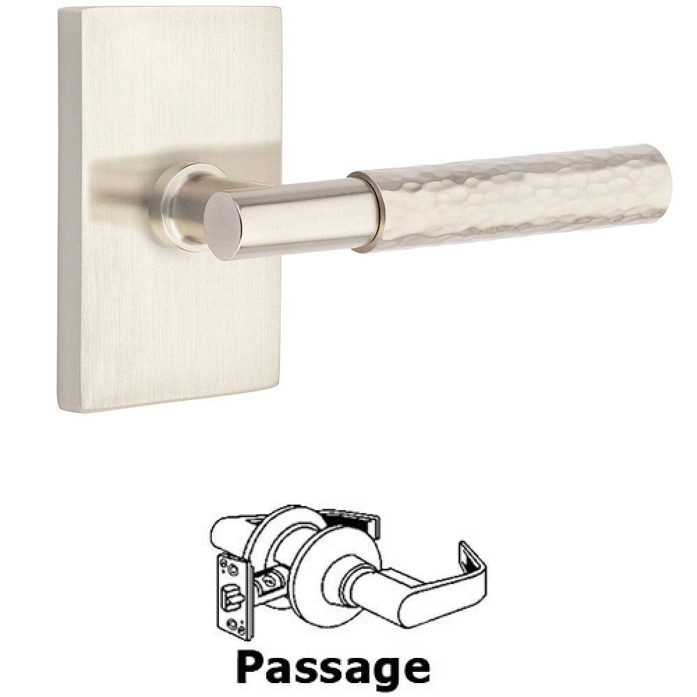 Passage Hammered Lever with T-Bar Stem and Concealed Screws Modern Rectangular Rose in Satin Nickel
