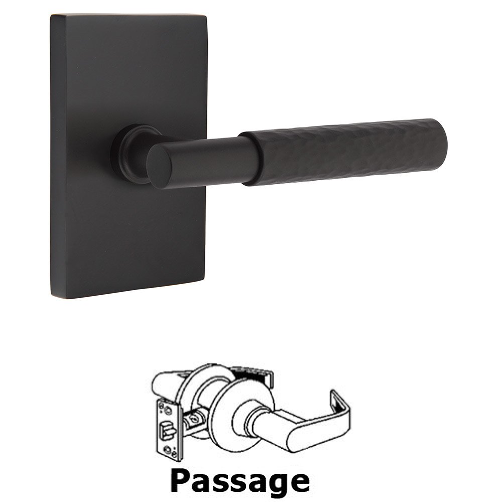 Passage Hammered Lever with T-Bar Stem and Concealed Screws Modern Rectangular Rose in Flat Black