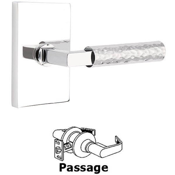 Passage Hammered Lever with L-Square Stem and Concealed Screws Modern Rectangular Rose in Polished Chrome