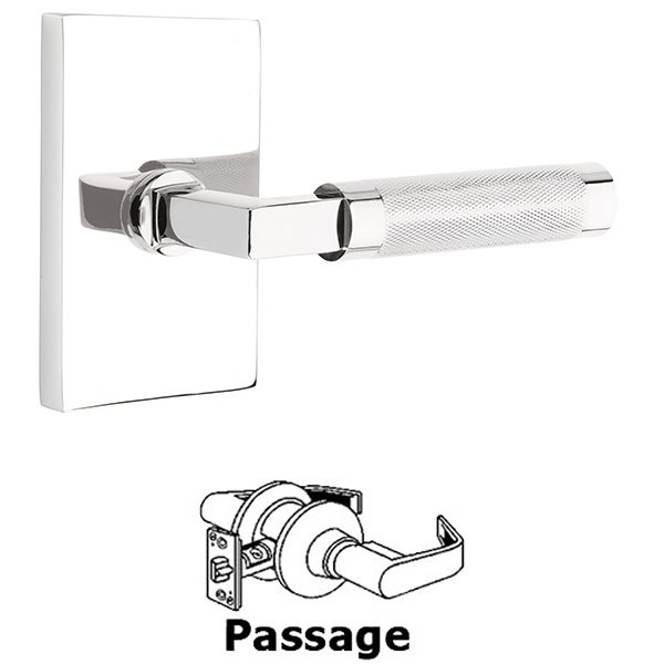 Passage Knurled Lever with L-Square Stem and Concealed Screws Modern Rectangular Rose in Polished Chrome