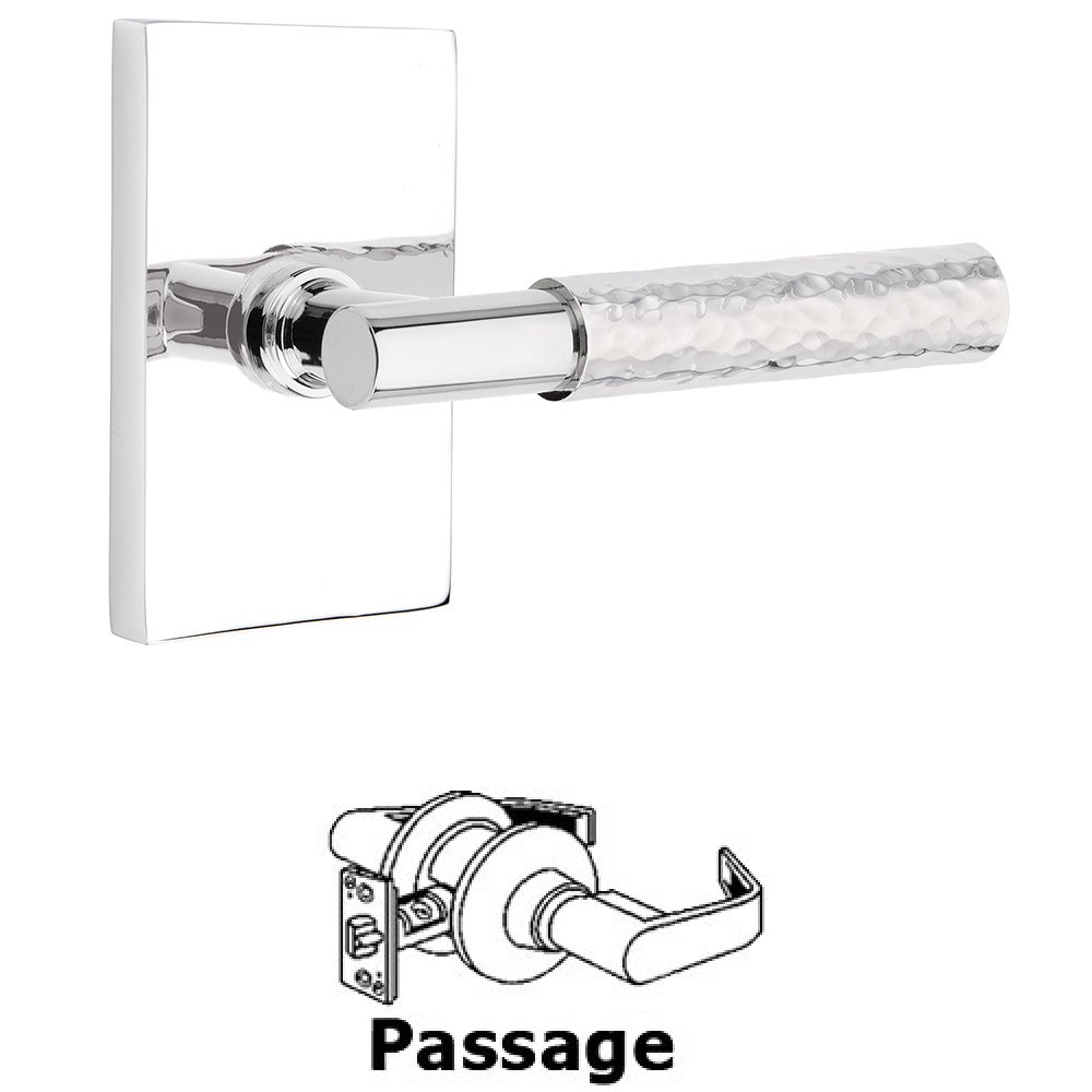 Passage Hammered Lever with T-Bar Stem and Concealed Screws Modern Rectangular Rose in Polished Chrome
