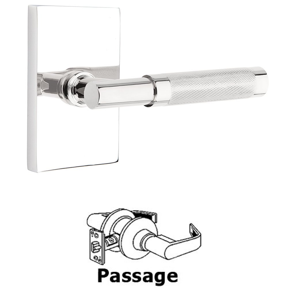 Passage Knurled Lever with T-Bar Stem and Concealed Screws Modern Rectangular Rose in Polished Chrome