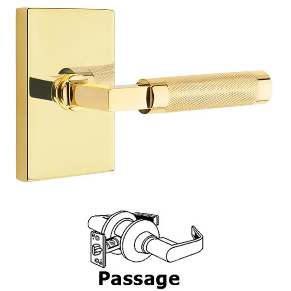 Passage Knurled Lever with L-Square Stem and Concealed Screws Modern Rectangular Rose in Unlacquered Brass
