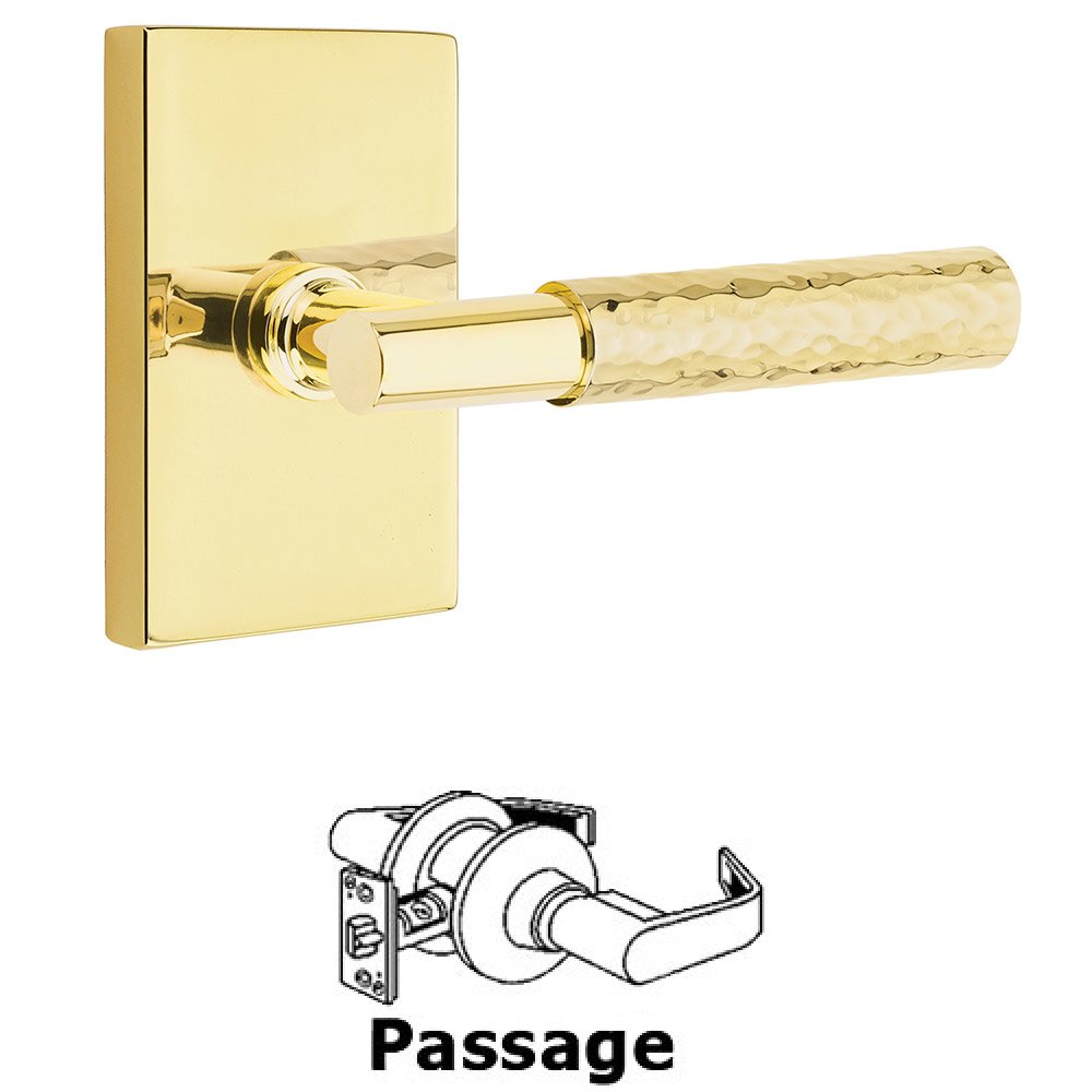 Passage Hammered Lever with T-Bar Stem and Concealed Screws Modern Rectangular Rose in Unlacquered Brass