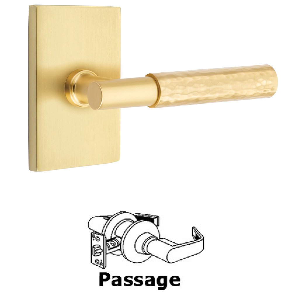Passage Hammered Lever with T-Bar Stem and Concealed Screws Modern Rectangular Rose in Satin Brass