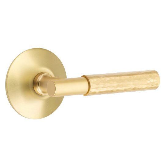 Privacy Hammered Lever with T-Bar Stem and Concealed Screws Modern Rose in Satin Brass