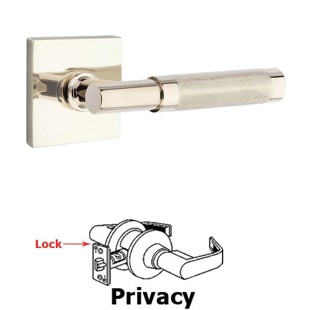 Privacy Knurled Lever with T-Bar Stem and Concealed Screws Square Rose in Polished Nickel