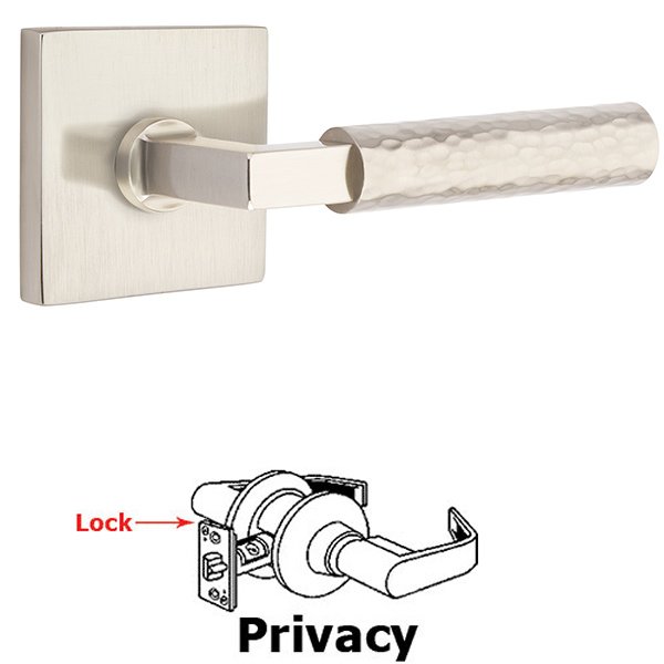 Privacy Hammered Lever with L-Square Stem and Concealed Screws Square Rose in Satin Nickel