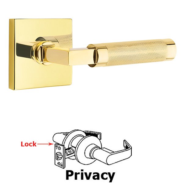 Privacy Knurled Lever with L-Square Stem and Concealed Screws Square Rose in Unlacquered Brass