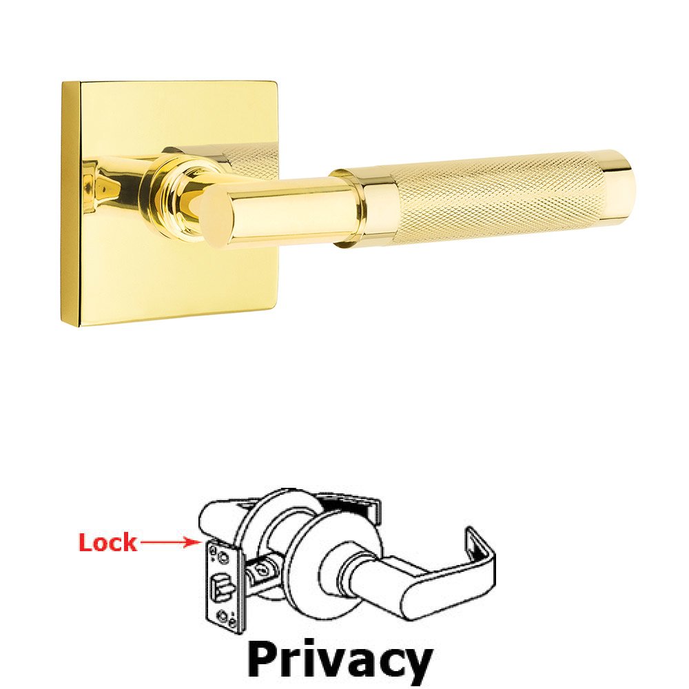 Privacy Knurled Lever with T-Bar Stem and Concealed Screws Square Rose in Unlacquered Brass