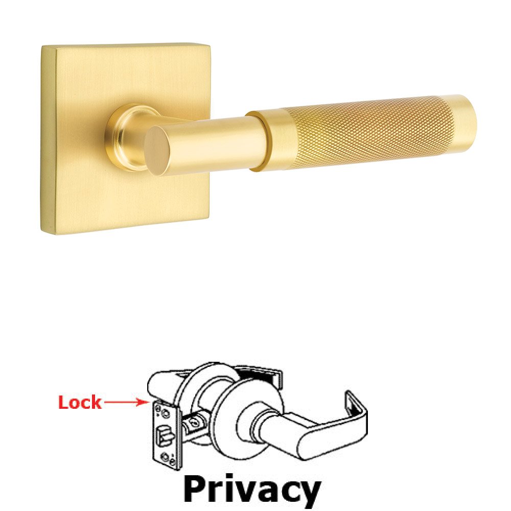 Privacy Knurled Lever with T-Bar Stem and Concealed Screws Square Rose in Satin Brass