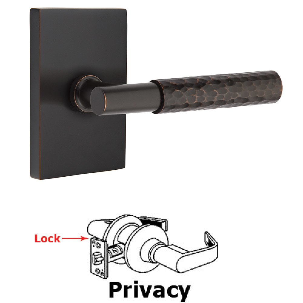 Privacy Hammered Lever with T-Bar Stem and Concealed Screws Modern Rectangular Rose in Oil Rubbed Bronze