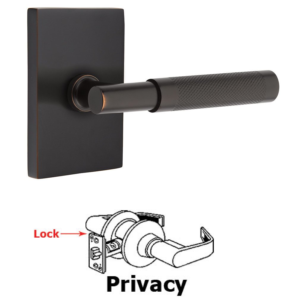 Privacy Knurled Lever with T-Bar Stem and Concealed Screws Modern Rectangular Rose in Oil Rubbed Bronze