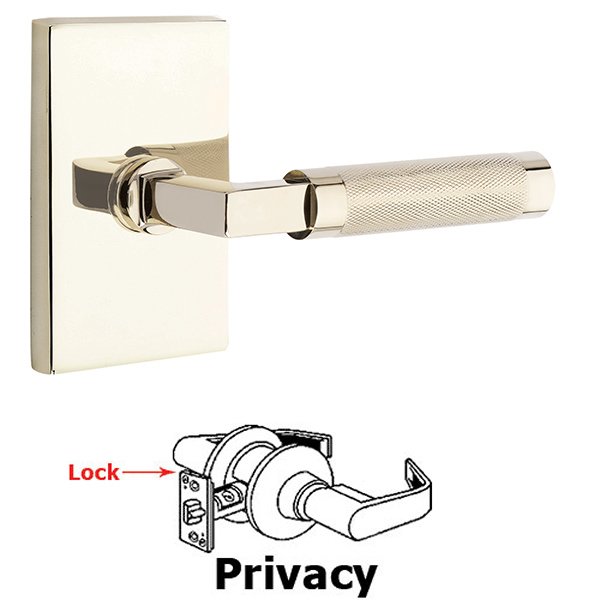 Privacy Knurled Lever with L-Square Stem and Concealed Screws Modern Rectangular Rose in Polished Nickel