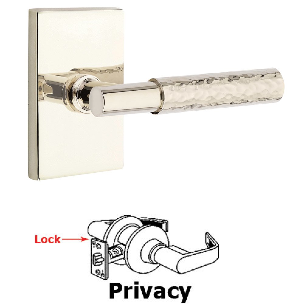 Privacy Hammered Lever with T-Bar Stem and Concealed Screws Modern Rectangular Rose in Polished Nickel
