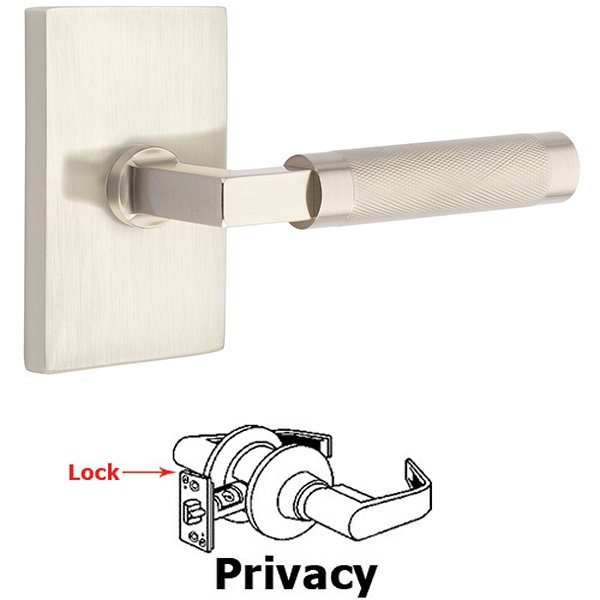 Privacy Knurled Lever with L-Square Stem and Concealed Screws Modern Rectangular Rose in Satin Nickel