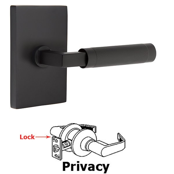 Privacy Knurled Lever with L-Square Stem and Concealed Screws Modern Rectangular Rose in Flat Black