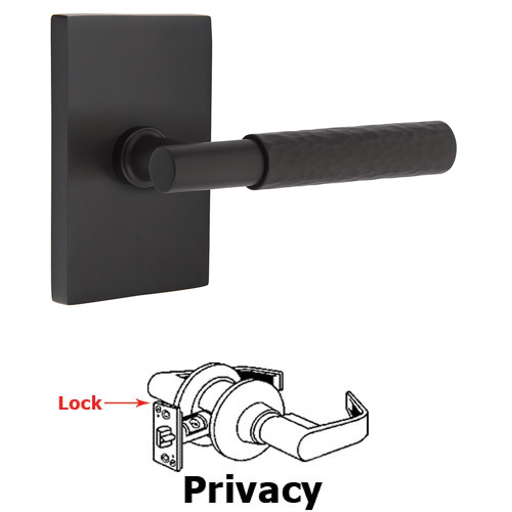 Privacy Hammered Lever with T-Bar Stem and Concealed Screws Modern Rectangular Rose in Flat Black