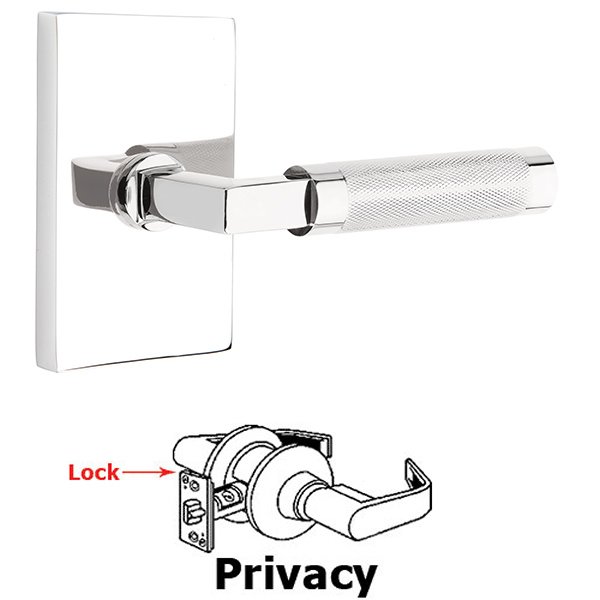 Privacy Knurled Lever with L-Square Stem and Concealed Screws Modern Rectangular Rose in Polished Chrome