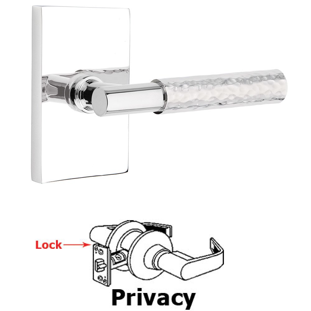 Privacy Hammered Lever with T-Bar Stem and Concealed Screws Modern Rectangular Rose in Polished Chrome
