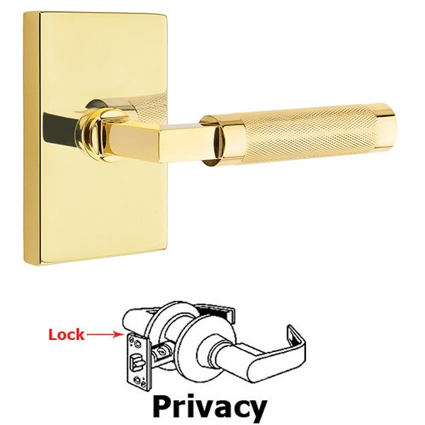 Privacy Knurled Lever with L-Square Stem and Concealed Screws Modern Rectangular Rose in Unlacquered Brass