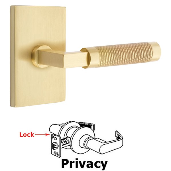Privacy Knurled Lever with L-Square Stem and Concealed Screws Modern Rectangular Rose in Satin Brass