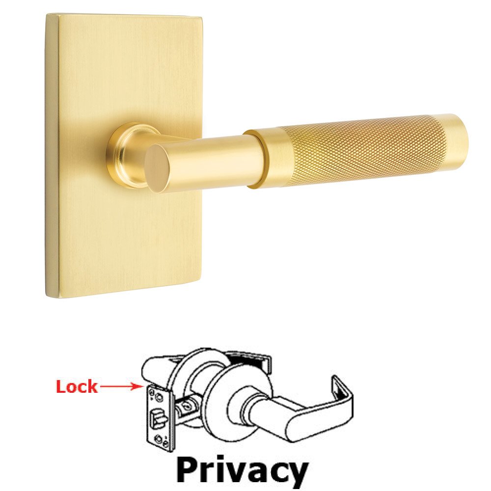 Privacy Knurled Lever with T-Bar Stem and Concealed Screws Modern Rectangular Rose in Satin Brass