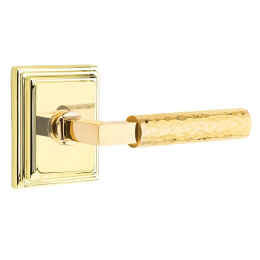 Privacy Hammered Lever with L-Square Stem and Concealed Screws Wilshire Rose in Unlacquered Brass