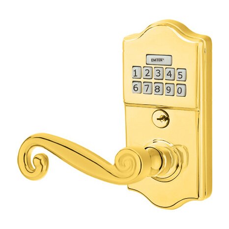 Rustic Left Hand Classic Lever Storeroom Electronic Keypad Lock in Polished Brass
