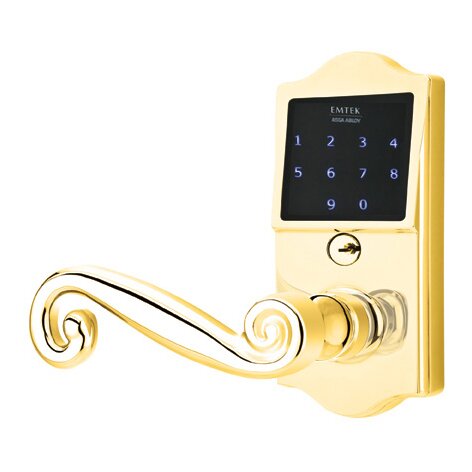 EMTouch Classic Keypad with Left Handed Rustic Lever Storeroom in Polished Brass