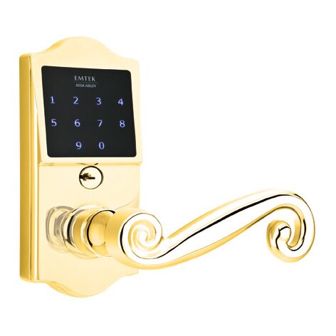 EMTouch Classic Keypad with Right Handed Rustic Lever Storeroom in Polished Brass